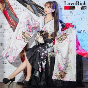 LoveRich ラブリッチ 【高級ライン】ツートンカラー 和柄 フリル 豪華 花柄 ロング 美脚 帯 リボン 花魁 着物 ドレス コスプレ イベント 