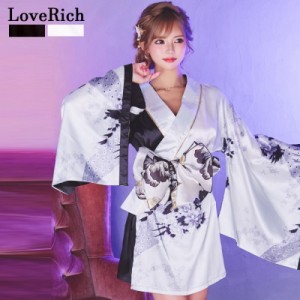 LoveRich ラブリッチ 【2カラー】バイカラー 鶴柄 和柄 オフショル ツートン 豪華 帯 花魁 着物 ドレス コスプレ イベント ハロウィン キ