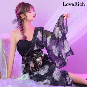 LoveRich ラブリッチ 【高級ライン】【2点セット】ワンショル アシンメトリー スリット 花柄 シフォン レース ロング 豪華 帯 花魁 着物 