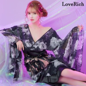 LoveRich ラブリッチ 【高級ライン】【2点セット】フリル 花柄 シフォン ロング 豪華 帯 花魁 着物 ドレス コスプレ ハロウィン キャバド