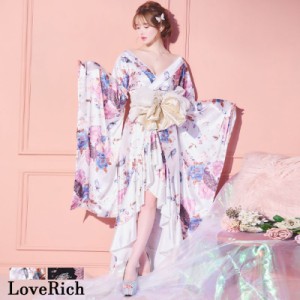 LoveRich ラブリッチ 【高級ライン】【2カラー/2点セット】蝶々柄 フリル 花柄 ロング 豪華 帯 花魁 着物 ドレス コスプレ ハロウィン キ