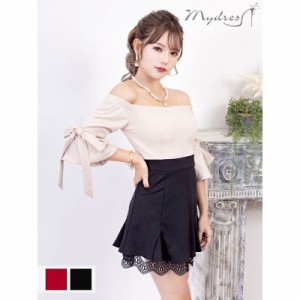 MyDress マイドレス オフショル5分袖TOP　レースレイヤードフレアミニドレス キャバドレス[A2310022] ブラック