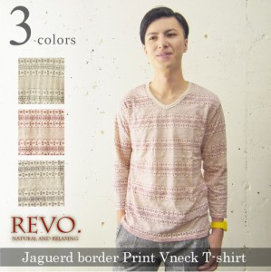 [Revo.]ジャカードボーダープリントVネックTシャツ/7分袖総柄/レボ /PFY456 アパレルセール