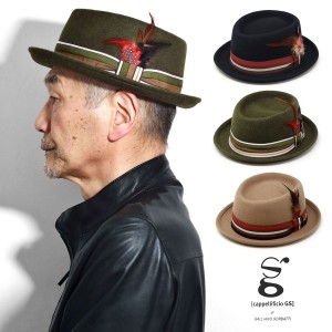 帽子 メンズ 秋冬 フェルトハット GALLIANO SORBATTI 送料無料 ポークパイハット 羽根付き ボーダー リボン ハット [ felt hat ][ pork-p