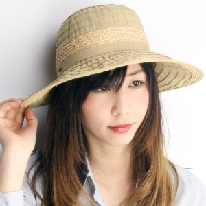 ハット レディース 帽子 つば広 ラフィア リボン CRUSHER スカラ ドーフマン 紫外線対策 アウトドア タン ベージュ