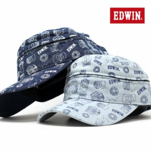 デニム キャップ EDWIN 全面プリント 2way ワークキャップ サンバイザー エドウィン 帽子 総柄 デニムキャップ 日よけ サイズ調整可 父の