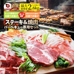 ステーキ ＆ 焼肉 バーベキュー専用セット 《肉重量最大2.6kg》 選べる野菜付き冷蔵or冷凍 焼肉のタレ付き 行楽 野外 食べ物 牛肉 アウト