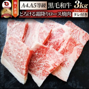 A4,A5ランク 特選 黒毛和牛 ロース 焼肉 3kg（250g×12） 今だけ焼肉のタレ付き 【 牛肉 牛 焼肉 A5等級 A4等級 バーベキュー BBQ  肉 カ