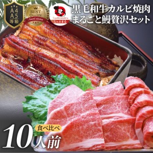 黒毛和牛 ＆ まるごと鰻 セット 10人前 肉  ギフト 黒毛和牛 カルビ 焼肉 （ A4 〜 A5等級 ） 焼肉のタレ プレゼント 牛肉 送料無料 贅沢