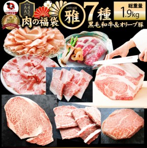 肉 福袋 黒毛和牛 オリーブ豚 食べ比べ 総重量1.9kg超 凍眠 テクニカン 2023年 肉の福袋 「雅福袋—MIYABI-」牛肉 食品 メガ盛り 焼くだ