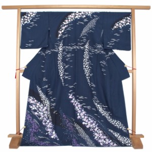 訪問着 袷 紺 藍色 絵羽文様 絵羽柄 辻が花 辻ヶ花 沙羅双樹 夏椿 藤 花柄 国内染め 洗える 仕立て上がり