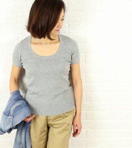 three dots(スリードッツ) コットン メランジニットUネック 半袖 プルオーバー“Jessica knit”・IF113Y・0441601    レディース 女性 誕