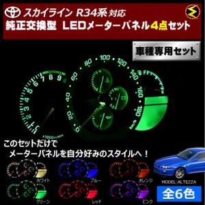 保証付 スカイライン R34系 対応★LEDメーターパネル 4点セット 発光色は全６色から【メガLED】