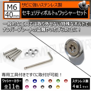 ステンレス製 セキュリティーボルト ワッシャー M6 40mm 4個セット 全11色 専用工具 付 ナンバーボルト ナンバープレート 自光式 電光式 