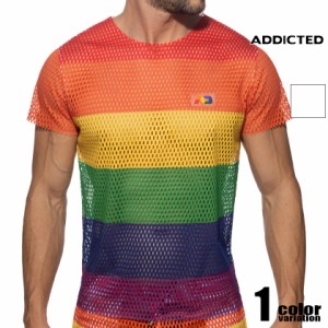 ADDICTED/アディクティッド MESH RAINBOW T-SHIRT メッシュ レインボー 半袖 虹 切りっぱなし Tシャツ　半袖　メンズ　ファッション　ト