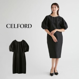 CELFORD パールネックコクーンドレス cwfo241301 レディース ドレス ひざ丈 ランタンスリーブ 半袖 卒業式 入学式 結婚式 二次会