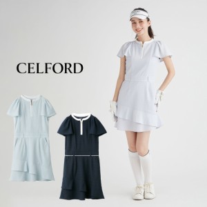 CELFORD GOLF ストレッチレース袖フレアワンピース cwco241034 レディース ゴルフウェア ミニ丈 インナーパンツ付き ロゴ 半袖 