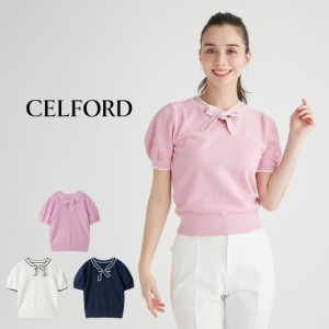 CELFORD GOLF ロゴポイントボウタイニットプルオーバー cwnt241036 レディース トップス ゴルフウェア 半袖 通気性 パフスリーブ