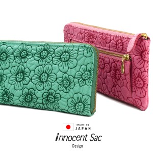 長財布 L字ファスナー フラワー 花柄 型押し レザー ピッグレザー 豚革 本革 日本製 レディース innocent Sac イノセントサック Flower