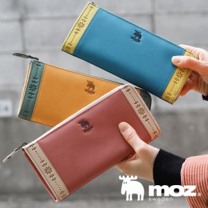 moz モズ 長財布 L字ファスナー レディース 本革 薄い l型  Flower Elk エルク 花 型押し ヌメ調 使いやすい バイカラー くすみカラー 北