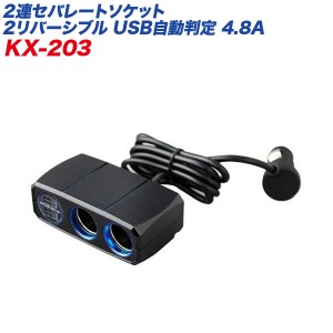 シガーソケット USBポート 2連セパレートソケット 2リバーシブルUSB自動判定 4.8A ブラック 車/カシムラ KX-203