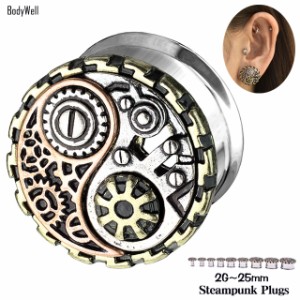 ボディピアス 14mm 16mm アンティーク Steampunk ダブルフレア ステンレスピアス 拡張ピアス