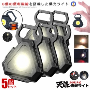 5個セット 天誅マルチLEDライト 高輝度 800ルーメン COB 投光器 38g 7種点灯モード USB充電 スタンド マグネット 栓抜き付き カラビナ TE