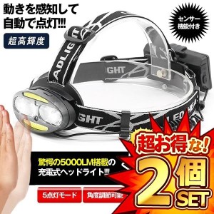 2個セット モーション LED ヘッドライト 充電式 ヘッドランプ センサー機能付き 高輝度 5000ルーメン 5点灯モード 防水 角度調節可能 MOT