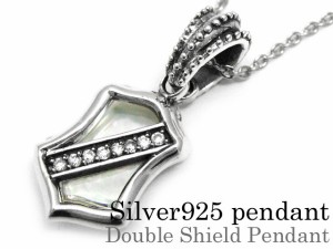 ネックレス メンズ レディース シルバー925 ペンダント チェーン セット シェル シールド 盾 エンブレム 紋章 天然石 ホワイト アズキチ