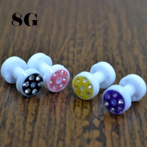 ボディピアス 8G 3mm  ツートンカラー&ジュエル アクリル フレッシュトンネル ボディーピアス イヤーロブ アウターコンク