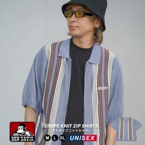 メール便送料無料 BEN DAVIS ベンデイビス マルチストライプ サマーニット ジップアップシャツ 半袖 メンズ STRIPE KNIT ZIP SHIRTS ブル