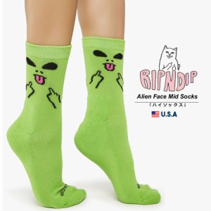 メール便送料無料 RIPNDIP リップンディップ クルーソックス メンズ 靴下 Alien Face Mid Socks グリーン