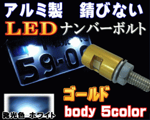 アルミナンバーボルト 金 ゴールド LEDナンバーボルト 汎用 防水 バイク LEDナンバー灯ボルト LED内臓ボルト 汎用品 ナンバー灯 ボルト L