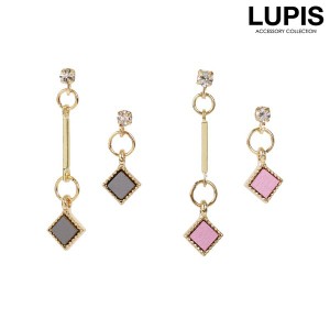 ピアス レディース シンプル アシンメトリー ストーン フェイクレザー ピンク グレー ワンポイント LUPIS ルピス