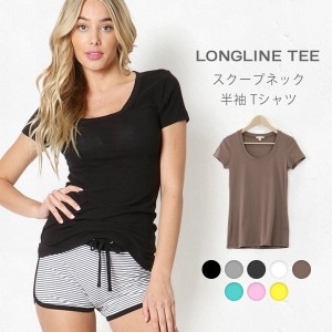 Tシャツ レディース 半袖 安い 無地 ロング スクープネック ラウンドネック ロンT カジュアル 白 黒 かっこいい