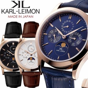 カルレイモン KARL-LEIMON 日本製 腕時計 クラシック ムーンフェイズ メンズ 革ベルト レザー ローズゴールド カールレイモン