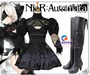 ニーア オートマタ　NieR:Automata　 ヨルハ二号B型 2B　コスプレ衣装+手袋+ウィッグ+カチューシャ+マスク+ブーツ+ストッキング　フルセ