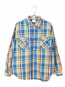 古着 70s OshKosh Bgosh ブルー チェック 100%コットン ヘビー フランネル シャツ ヘビネル L 古着の通販はau