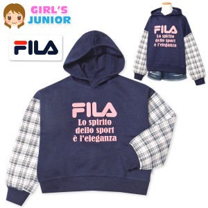 【送料無料】女児 ジュニア 裏起毛 長袖 パーカー FILA あったか スウェット ゆったり 袖チェック iw-0906b-nv【メール便対応】