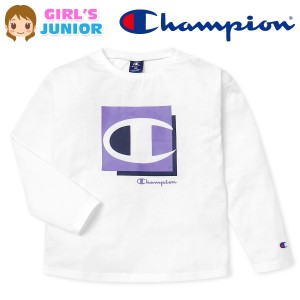 【送料無料】女児 ジュニア 天竺 長袖 Tシャツ Champion ゆったり ロゴプリント 刺繍 子供服 女の子 td-0513a-ow【メール便対応】