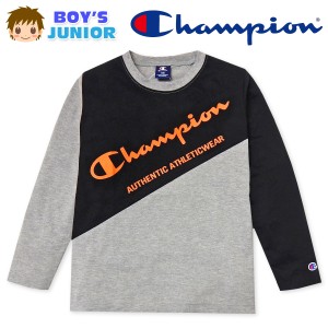 【送料無料】男児 ジュニア 天竺 長袖 Tシャツ Champion/チャンピオン 配色切替 刺繍 綿混 子供服 男の子 td-0514a-gy【メール便対応】