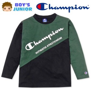 【送料無料】男児 ジュニア 天竺 長袖 Tシャツ Champion/チャンピオン 配色切替 刺繍 綿混 子供服 男の子 td-0514b-bk【メール便対応】