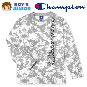 【送料無料】男児 ジュニア 天竺 長袖 Tシャツ Champion タイダイ調総柄 刺繍 綿混 子供服 男の子 td-0515a-gy【メール便対応】