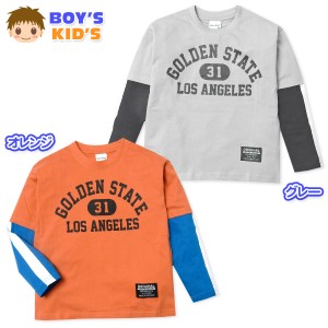 【送料無料】男児 キッズ 本体綿100％ 長袖 Tシャツ 重ね着風 英字ロゴ 袖ライン ワッペン 子供服 男の子 nw-0720【メール便対応】