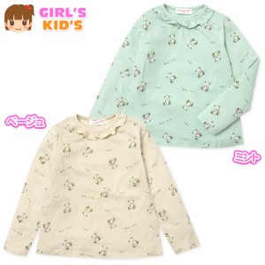 【送料無料】女児 キッズ 本体綿100％ 長袖 Tシャツ くま柄 襟元フリル 子供服 女の子 nw-0727【メール便対応】