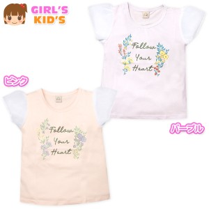 【送料無料】女児 キッズ 本体綿100％ 半袖 Tシャツ 天竺 花柄プリント ラメプリント 袖シフォン生地 子供服 女の子 110cm 120cm 130cm i