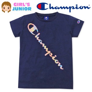 【送料無料】女児 ジュニア 天竺 半袖 Tシャツ Champion/チャンピオン カラフルロゴ 刺繍 綿混 td-0440b-nv【メール便対応】