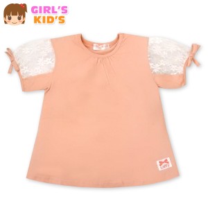 【送料無料】女児 キッズ 半袖 Tシャツ 本体綿100％ レース生地 装飾ワッペン 袖リボン 子供服 女の子 100cm 110cm 120cm 130cm nw-0359a