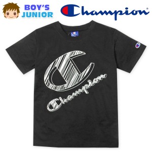 【送料無料】男児 ジュニア 天竺 半袖 Tシャツ Champion 手描き風ロゴプリント 刺繍 子供服 男の子 td-0659b-bk【メール便対応】