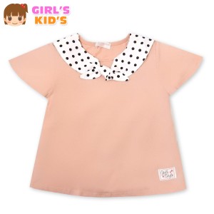 【送料無料】女児 キッズ 半袖 Tシャツ 本体綿100％ ドット柄 セーラー衿 装飾ワッペン 子供服 女の子 100cm 110cm 120cm 130cm nw-0360a